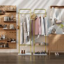 Gold Coat Rack Stand: Metal Clothing Rack With Marble Base Heavy Duty Garment Rack With 2 Shelves And 4 Hooks For For Coats Hats Scarf Jacket Dresses - Gold - View 2