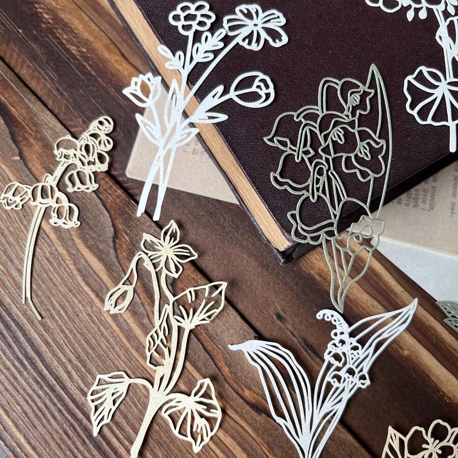 每包10入空心花邊特殊紙混色，花卉設計散佈著玫瑰、葉子和植物圖案，復古簡約風格的手帳DIY和手工藝品製作材料 - 彩色 - 查看 1