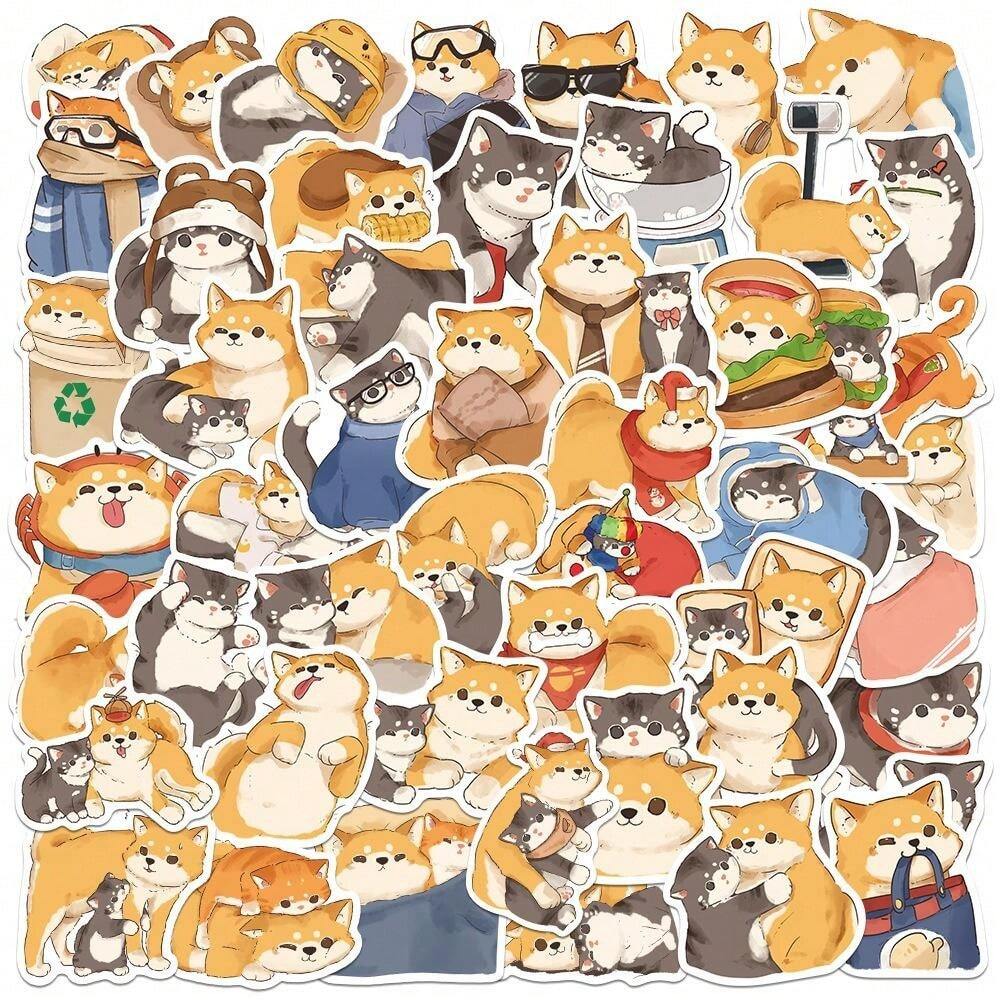 50 Original Cartoon Cute Shiba Dog And Cat Stickers, Cute Cat And Dog ...