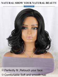 Pelucas sintéticas laterales de cabello ondulado con Body y ondas sueltas grandes de longitud de hombro con parte lateral para mujeres con cabello ondulado bob sintético (16 pulgadas negro natural)