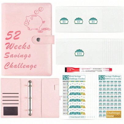 1 طقم ملف ماكارون PU لتحدي توفير المال لمدة 52 أسبوعًا مع جيب للعملات والملصقات لأوراق النقد