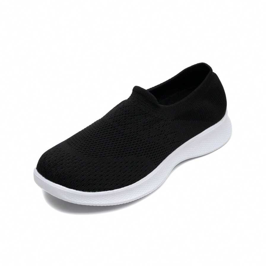女士黑白休闲便鞋，减震针织面料运动休闲舞蹈服 - 黑與白 - 查看 1