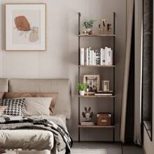 Ladder Shelf 4 Tiers Metal Industrial Bookshelf,Brown Wood Tall Open Storage Rack And Display Shelves,Wall Mount Wide Book Case For Home Office Bedroom,Small