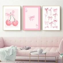 3 piezas/set Arte de pared con lazo rosa de moda sin marco, póster universitario, decoración de dormitorio, impresión de lazo en acuarela, decoración de habitación excéntrica, arte de pared para niñas, pintura en lienzo rosa para niñas - Rosa - Ver 6