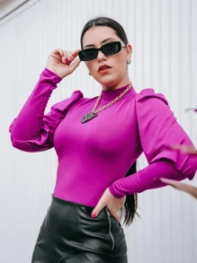 Body Feminino Gola Alta Manga longa Bufante Tipo Princesa - Fúcsia - Visão 1