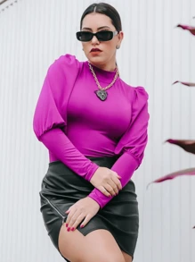 Body Feminino Gola Alta Manga longa Bufante Tipo Princesa - Fúcsia - Visão 2