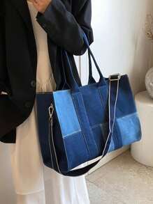 時尚女士手袋時尚大容量肩袋，拉鍊拼接手提袋，斜跨包，書包手提袋 - 藍色 - 查看 3