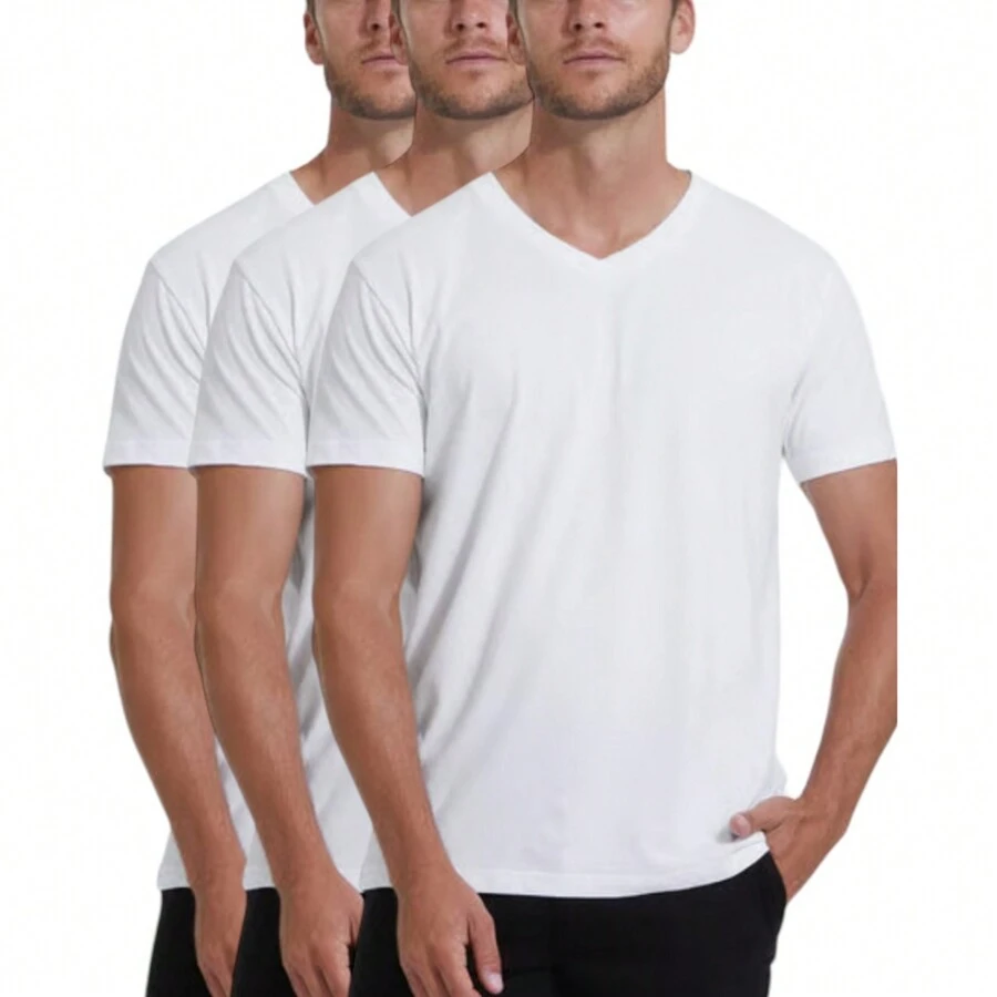 ToBeInStyle Men's Pack Of 3 Classic Cotton Blend White Undershirt T-Shirt - 3 件裝: V 領 T 卹 - 查看 1