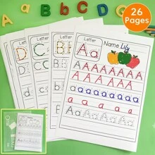 Caderno de exercícios de prática de caligrafia do alfabeto com letras pontilhadas para crianças da pré-escola e jardim de infância, com palavras a serem memorizadas. Livro de caligrafia ABC para imprimir, desenvolvendo a habilidade motora das crianças, material educacional, ferramenta de ensino, tamanho 29,7x21cm, 26 páginas para cada estilo. Escolar, Estudante, Material de escritório, Material escolar