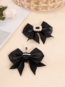 زوج من مشابك الأحذية الديكورية الأنيقة بتصميم الفيونكة من الساتان الكوري، إكسسوارات أحذية قابلة للإزالة مناسبة للصنادل والكعب والأحذية اليومية - الأسود - مشاهدة 5