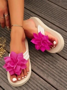 New Summer Platform Flip Flops, Lightweight And Comfortable Thong Slippers For Outdoor, Large Size 36-45 Solid Color Beach Sandals With Flower Decoration - Hot Pink - View 2