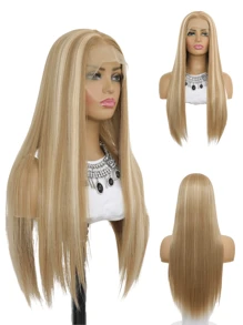 Highlight Blonde Brown Synthetic Lace Front Wig For Women Long Straight Glueless Balayage Platinum Honey Brown 13x4 Lace Front Wigs  150 Density 24 Inches - 拼色 - 查看 2