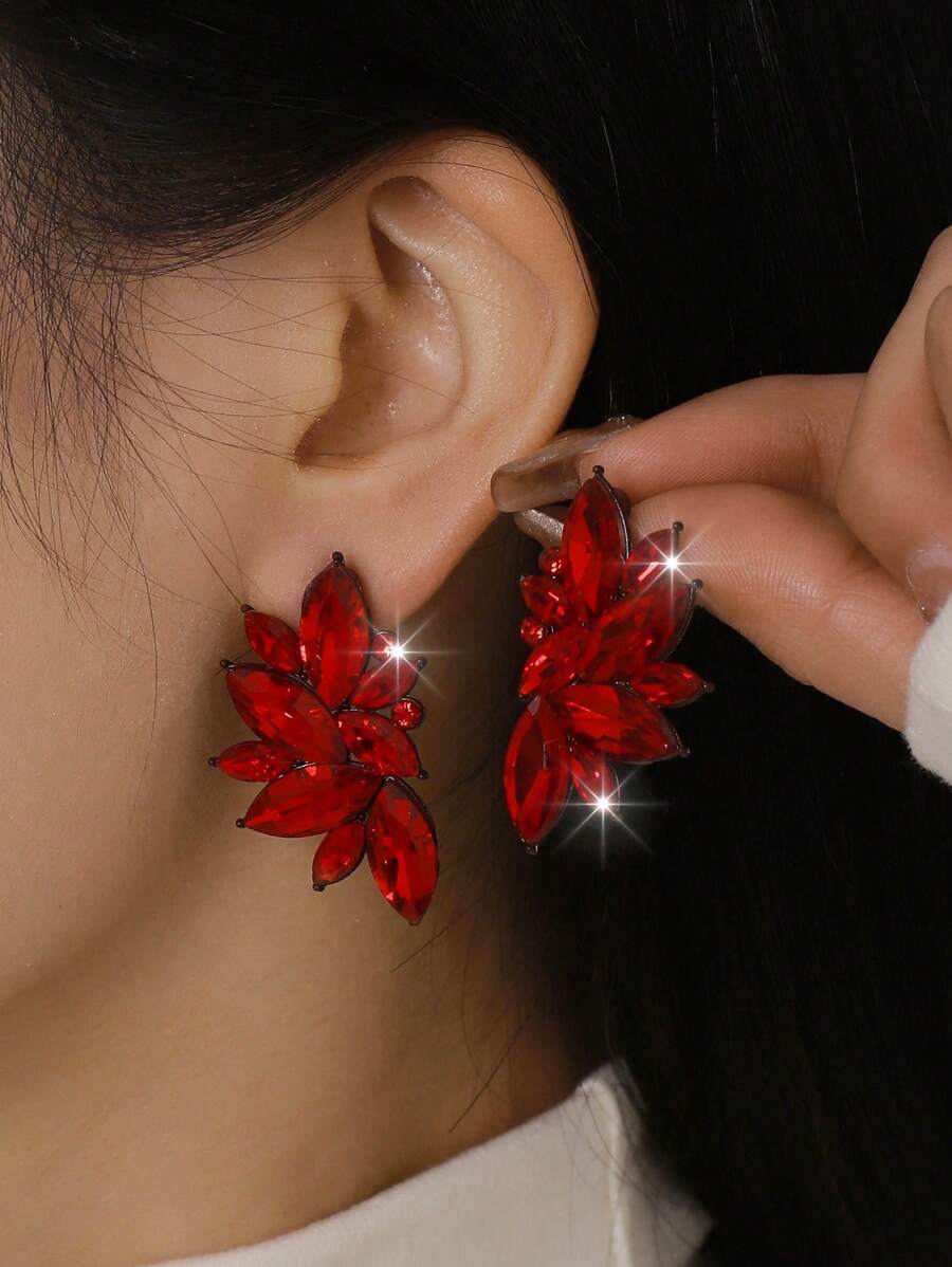 1 par de pendientes elegantes de alta gama con cristales de rhinestone incrustados en aleación bohemia, versátiles y lujosos para mujeres - Rojo - Ver 1