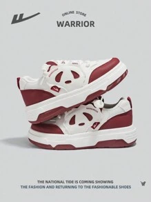 WARRIOR 1pair Breathable Ladies" Sneakers With Front Tie And Colorblock Panda Design, Low-Cut Walking Shoes - Red and White - View 3