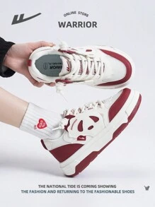 WARRIOR 1pair Breathable Ladies" Sneakers With Front Tie And Colorblock Panda Design, Low-Cut Walking Shoes - Red and White - View 6