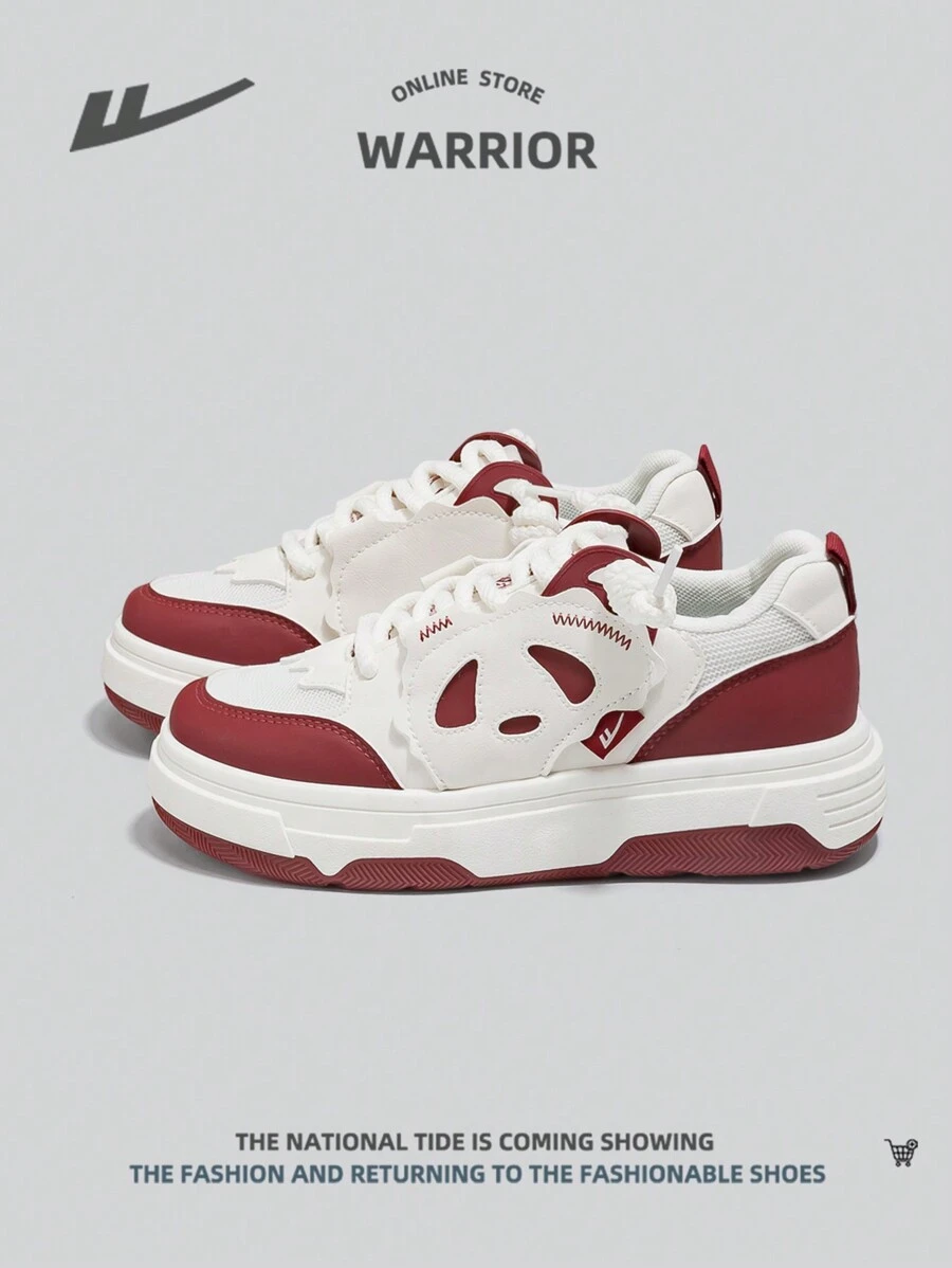 WARRIOR 1pair Breathable Ladies" Sneakers With Front Tie And Colorblock Panda Design, Low-Cut Walking Shoes - Red and White - View 1