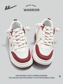 WARRIOR 1pair Breathable Ladies" Sneakers With Front Tie And Colorblock Panda Design, Low-Cut Walking Shoes - Red and White - View 5