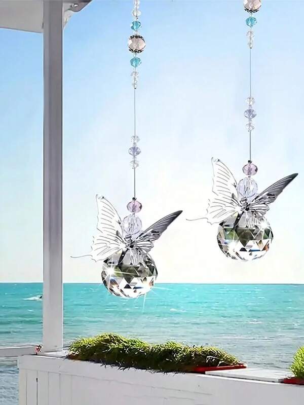 زخرفة حدائق خارجية ديكورية بوشن صناعي واقعي على شكل فراشة يحلق في الهواء مصنوع من الكريستال الصناعي الشمسية، تزيين المنزل وتعليقه على الحدائق والاسقف