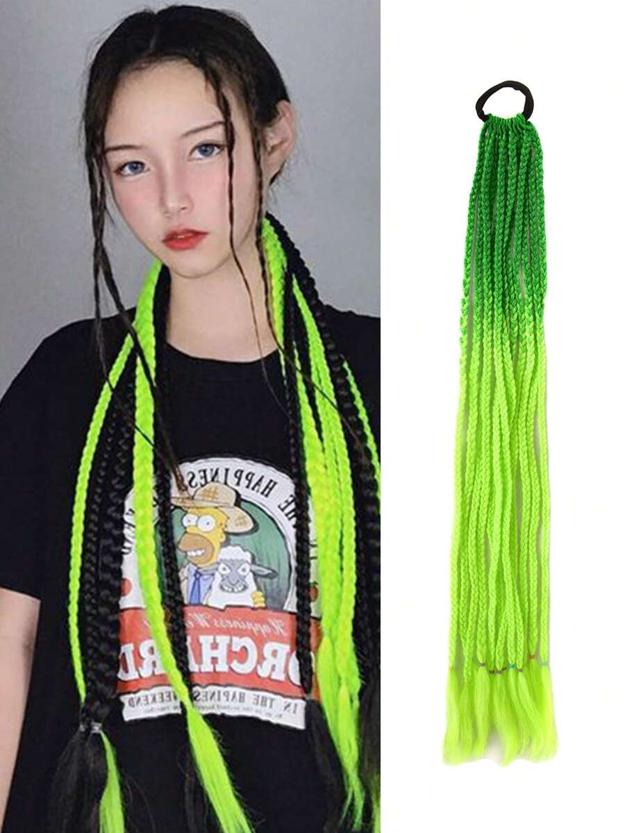 24英寸直彩虹編織合成假辮髮片，女士女孩配戴彩色辮子髮飾，帶有橡膠頭綁帶的假頭髮馬尾造型 - 彩色 - 查看 1