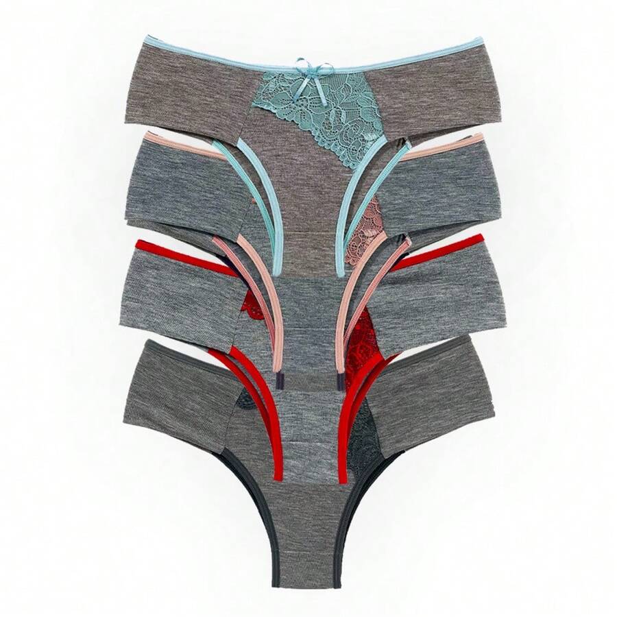 Kit Of 4 Cotton Panties With Lace Detail Comfortable Lingerie - Nhiều màu - Xem 1