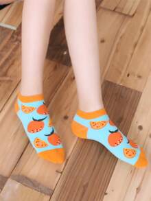 1pair Women Personalized Fruit Series 3D Floral Design Straight Plate Comfortable Breathable Short Socks - Champagne - View 4