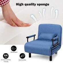 Single Folding Sofa Bed Chair Modern Fabric Sleeper With Pillow Metal Frame Blue - Blue - View 4