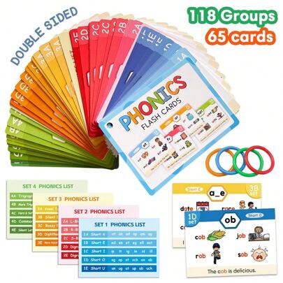 Phonics Flash Cards 118 Phonics 65 Double-Sided Cards - 20 Stages Phonic Sets CVC, Digraph, Trigraph Blends Long Vowel Sounds Flashcards Educational Tool For Kids Ages 4-8 Years Old (4 Plastic Rings)