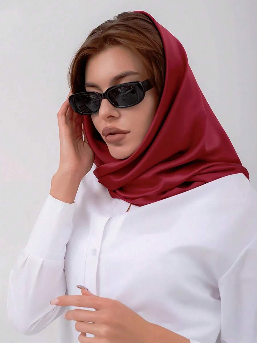 1入組 90*90cm 新時尚純色頭巾，多功能仿絲方巾適用於頭帶、頸巾、頭巾和夏季使用 - 酒紅色 - 查看 1