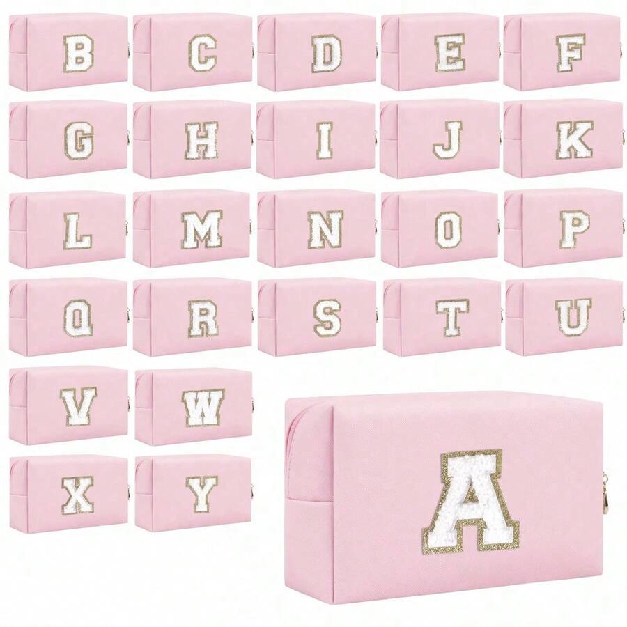 1pc跨境熱門便攜式旅行化妝包，化妝包，小型便攜式女性PU防水化妝品收納袋，26條毛巾繡字化妝包，八角形洗漱包，大容量旅行收納袋，手提包，返校禮物送給老師，姐妹禮物，最好的母親禮物，生日禮物，周年紀念禮物，畢業禮物，時尚項目手提包，滿足日常旅行需要 - 粉色 - 查看 1