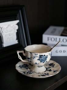 1 件花卉简约陶瓷咖啡杯碟套装，优雅奢华家居用品，商务/办公室/下午茶用具，节日装饰，精美礼物