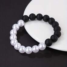 1pc 10mm Black Matte Round Beaded Stretch Bracelet, Men - Black and White - View 6