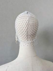 1 PC Trắng Ngọc Trai Giả & Đá Lưới Cô Dâu Mũ Với Thiết Kế Rỗng Và Tua Rua Dây Xích Mũ Trụ, sang Trọng Mũ Trùm Đầu - Nhiều màu - Xem 7