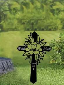 1pc Dad And Mom Memorial Garden Stake, Outdoor Cemetery Decoration Metal Sign With Heart-Shaped And Flowers Design - Black - View 8