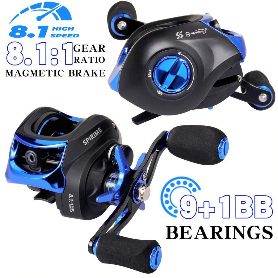 Sougayilang 蓝色抛饵式渔线轮 8.1:1 高速左右手通用 EVA 防滑手柄 适用于海水抛饵式渔线轮 渔具 - 藍色 - 查看 1