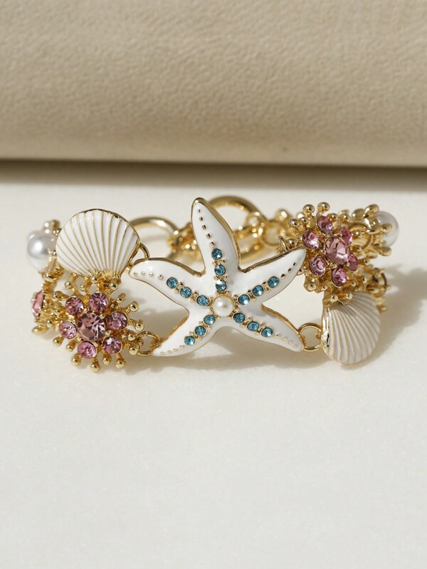 1pc Gorgeous Starfish Charm Bracelet, Sea Coral Beaded Bangle With Shell Details, Suitable For Beach, Daily Wear & Ocean Vacation Style