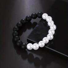 1pc 10mm Black Matte Round Beaded Stretch Bracelet, Men - Black and White - View 4