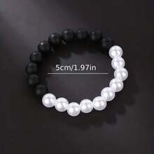 1pc 10mm Black Matte Round Beaded Stretch Bracelet, Men - Black and White - View 2