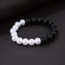 1pc 10mm Black Matte Round Beaded Stretch Bracelet, Men - Black and White - View 5