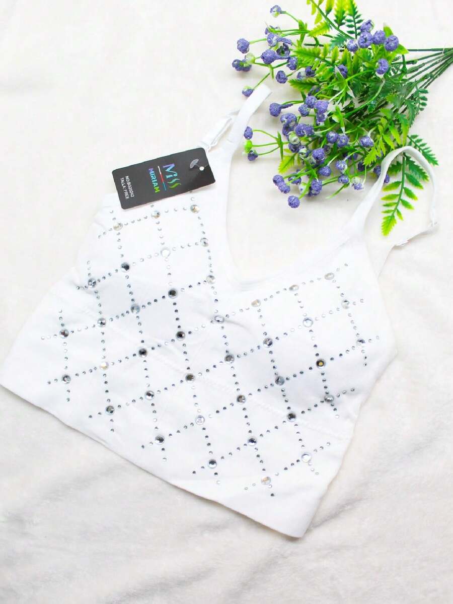 Top De Microfibra Con Almohadilla Y Diseño De Piedras Brillantes, Comodidad y Calidad Premium - Blanco - Ver 1