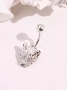 1pc Fashionable Leopard Head Rhinestone Belly Button Ring, Women's Body Piercing Jewelry
