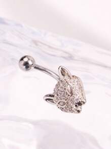 1pc Fashionable Leopard Head Rhinestone Belly Button Ring, Women's Body Piercing Jewelry