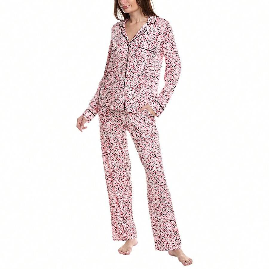DKNY 2pc Notch Top & Pant Sleep Set - Hồng - Xem 1