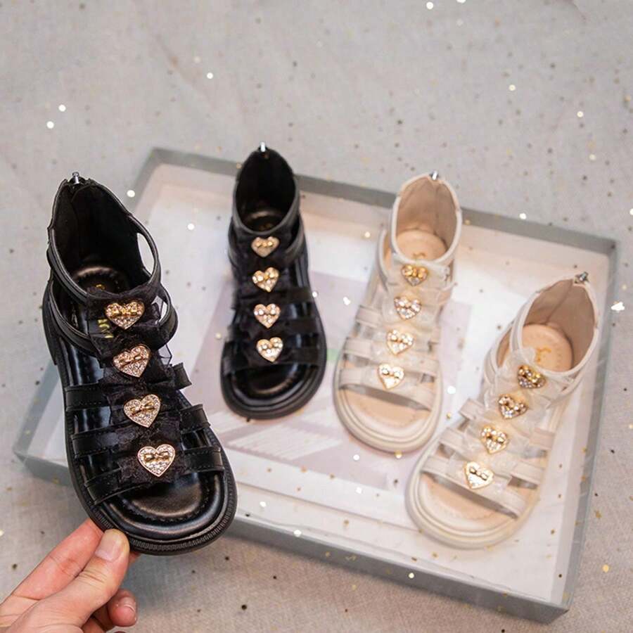 1pair Toddler Girls Black PU Sandals With Mesh Strap And Shiny Heart Decor - View 1