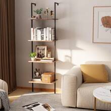 Ladder Shelf 4 Tiers Metal Industrial Bookshelf,Brown Wood Tall Open Storage Rack And Display Shelves,Wall Mount Wide Book Case For Home Office Bedroom,Small