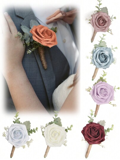 6pcs/Set Men's Rose & Eucalyptus Boutonniere, Suitable For Groom And Groomsmen, Wedding Ceremony, Anniversary, Homecoming, Autumn Country Wedding