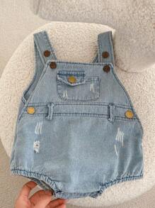 New Summer Fashion Denim Overall Romper Bodysuit For Baby Girls 0-3 Years Old - Dusty Blue - View 1