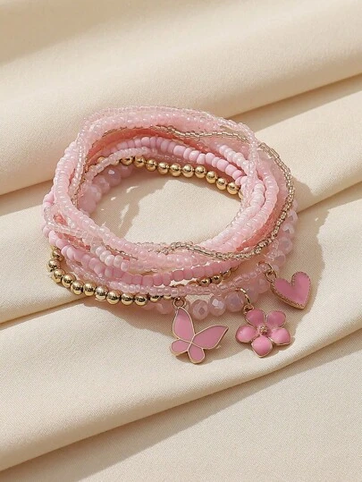 9pcs/Set Handmade Bohemian Style Beaded Bracelets Women Stretchy Charm Bracelet Y2K Beach Accessories, Dyeing Process May Cause Slight Color Variation