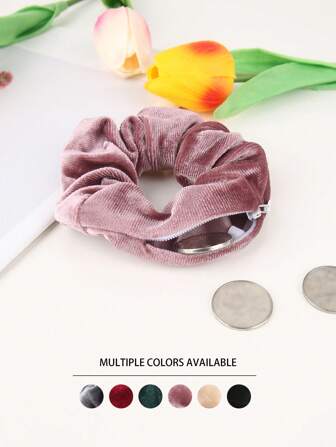 1PC Women's Solid Velvet Invisible Zipper Coin Purse Scrunchie Creative Fashion Hair Tie Suitable For Daily Use,Pink Accessories Ponytail Holders Hair Elastics Hair Rubber Bands Scrunchies Hair Rope Elastic Hair Tie