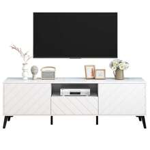 Sweiko Mueble para TV blanco de 1,7 metros de largo con 2 puertas y 1 cajón con divisores ajustables detrás de las puertas y plástico suave en la parte inferior de las patas metálicas para un mueble bajo para TV de 70 pulgadas, mueble para TV con cajones y estantes ajustables, ancho 170 cm - Blanco - Ver 8