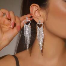 1 对女士流苏心形耳环，优雅水钻俱乐部佩戴长耳环，修饰脸型，水滴形耳饰，情人节、妈妈、母亲、母亲节、礼物 - 銀色 - 查看 4